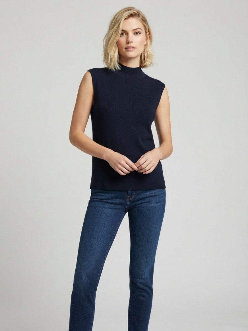 2/$30 Chico's Ribbed Silk Blend Mock Neck Knit Tank Top Black 16 #A4648